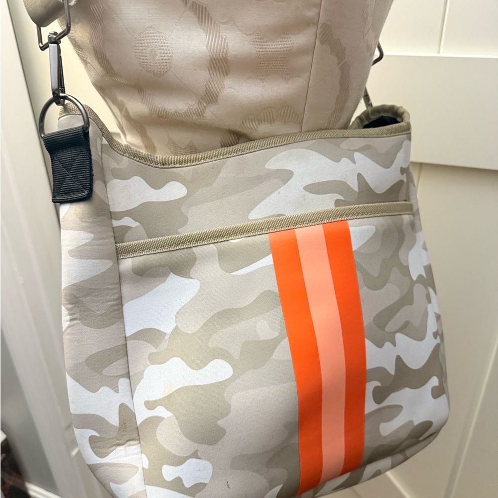 HAUTE SHORE Beige Camo Messenger crossbody neoprene Bag with Orange Stripe